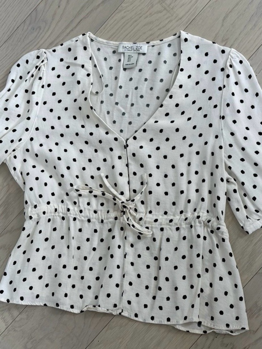 Rachel Zoe White and Black Polka Dot Tie-Front V-Neck peplum Blouse